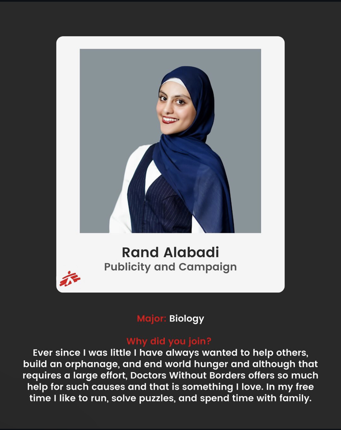 Publicity and Campaign Chair of Friends of MSF